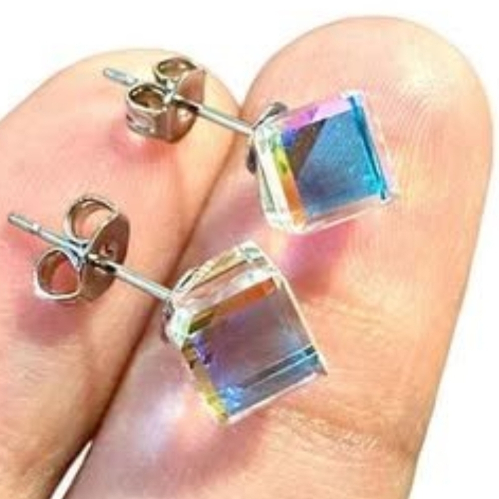 Square Earrings 18K White Gold Plated, Aurora Borealis Earrings, 5MM Stud
